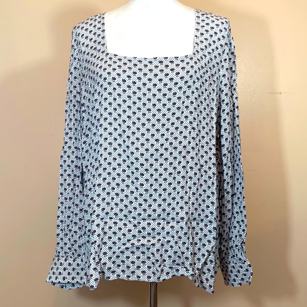 Loft Black & Red Floral Print on White Square Neck Long Sleeve Blouse - Picture 1 of 9